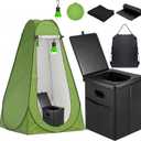 Portable Toilet Kit with Pop-Up Privacy Tent, All-in-One Outdoor Bathroom & Changing Room with Camping Toilet Seat, Waste Bags, LED Light for Camping, RV, Road Trip (Toilet with Green Tent)