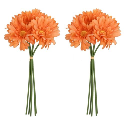 IPOPU 2 Bouquets Gerbera Daisy Artificial Flowers 10PCS Orange Flowers Faux Daisies Real Touch Flowers for Wedding Party Home Table Centerpieces Decoration (Orange)
