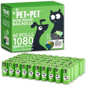 Pet N Pet 1080 Counts Green Poop Bags for Dogs, 41% Plant Based & 59% PE Extra Thick Dog Poop Bags Rolls, 9" x 13", Unscented Pet Waste Bag