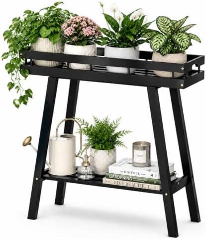 BAMBANG Bamboo Plant Stand Indoor, 2 Tier Small Plant Table, Tall Plant Stand for Indoor Plants, Window Sill Plant Shelf, Flower Pot Holder Plant Bench Plant Rack for Living Room, Black