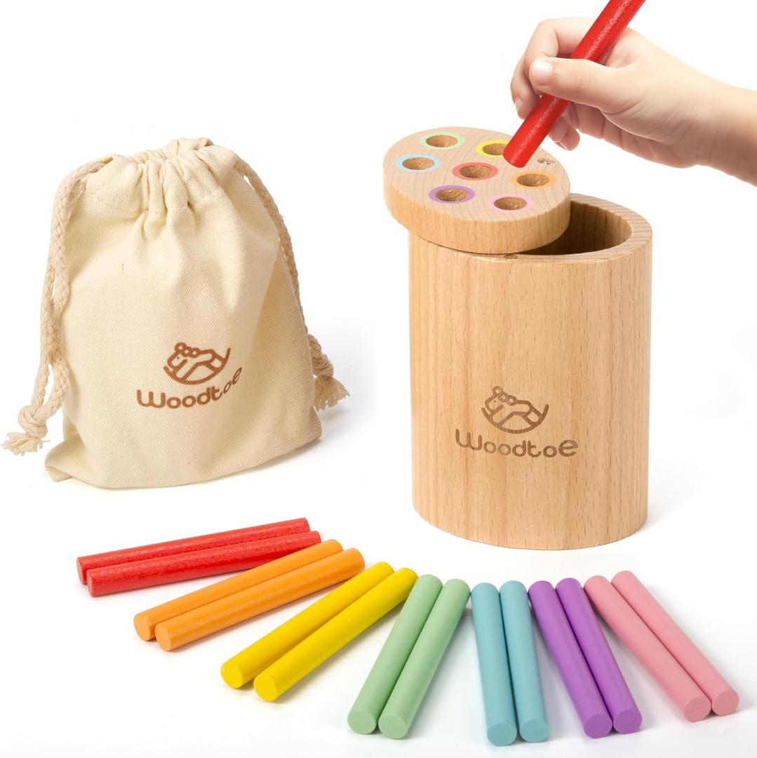 Woodtoe Montessori Sticks Toys for 1-3 Year Old, 18 Month Old Toys, 7 Colors Sorting Learning Toys for Toddlers, Wooden Sensory Toys, Fine Motor Skills, 1 2 3 Year Old Birthday Gift Toy for Boy Girl