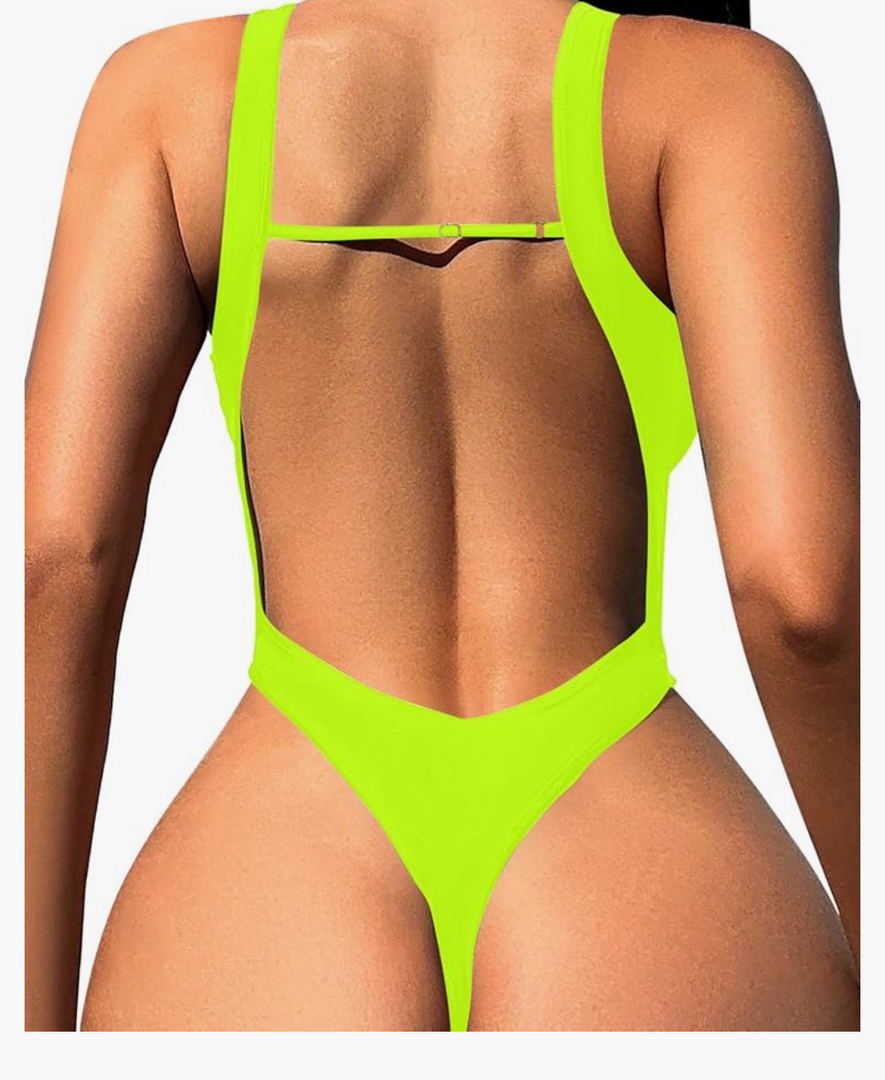 Lilosy Sexy Lace Up Plunge Neck Backless High Waisted Low Cut Leg Rise Thong Cheeky Brazilian 1 Piece Bikini Swimsuit Women Back Bathing Suit Tie Criss Cross Monokini Neon Green , Large