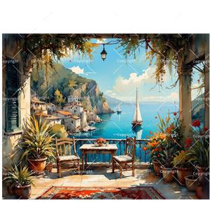 Coastal Scene Paint by Numbers Kit for Adults - DIY Mediterranean Balcony with Sailboats and Flowers Painting on Canvas 16x20In, Acrylic Paint Set for Beginners, Art for Home Decoration or Gifts
