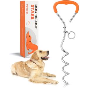 Petbobi Dog Tie Out Stake - 16 Heavy Duty Dog Anchor for Yard Camping, 9mm Solid Steel, Soft Grip Handle Spiral Stake with No Tangle Connect Ring for Small to Large Pets Up to 120lbs, Orange