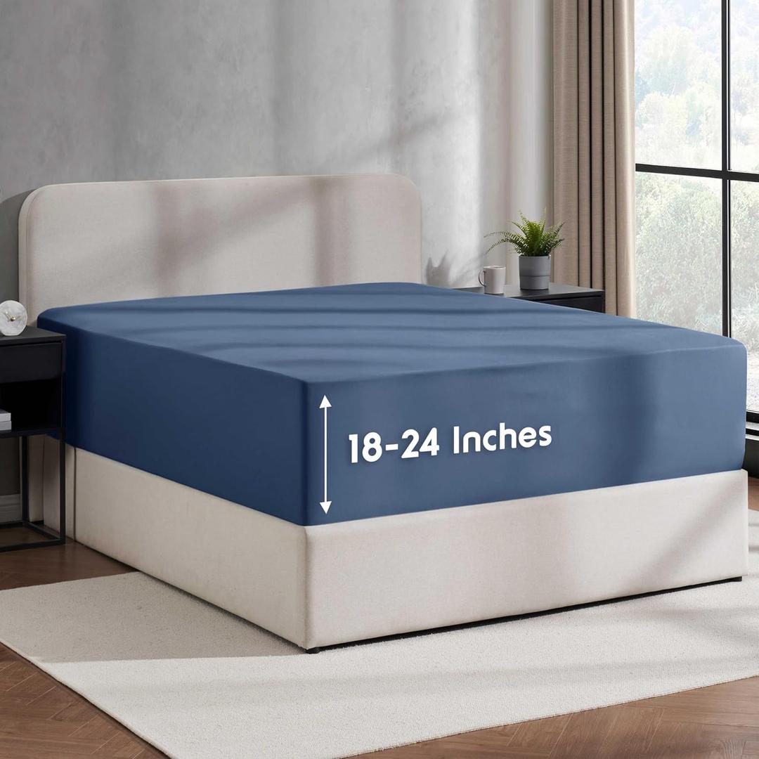 Nestl Navy Blue Extra Deep Pocket Fitted Sheet Queen, Hotel Luxury Queen Fitted Sheet Only Easily Fits 18 to 24 Inch Mattress, Super Soft, Wrinkle-free, and Breathable Bottom Sheets with Corner Straps