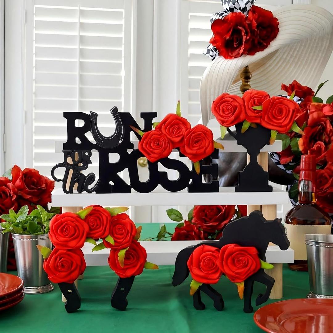 Amyhill 4 Pcs Derby Horse Table Centerpieces with Roses Wooden Horsing Racing Figurines Derby Table Decoration Horse Racing Signs Tiered Tray Decor for Horsing Party Supplies Gift Desk Party