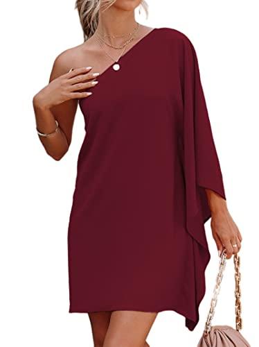 Women's Flowy Long Sleeve One Shoulder Night Out Dress Casual Valentines Day Cocktail Dresses, S