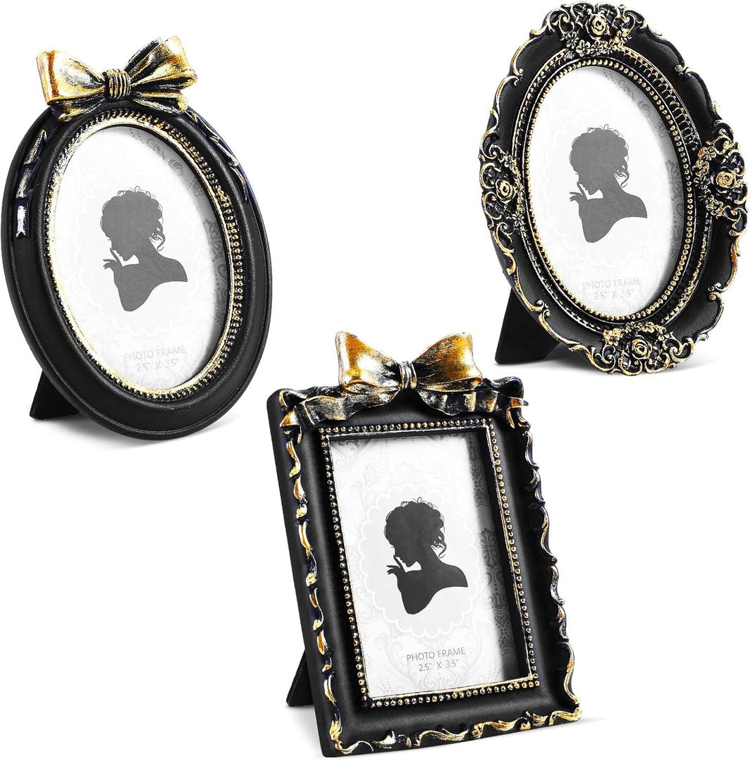 Vicenpal 3 Pcs Tiny Picture Ornate Frames 2.5 x 3.5 Inch Small Vintage Oval Picture Frames Gold Vintage Baroque Ornate Antique Resin Frame Table Top Display Frame for Home Wedding Decor (Black Gold)