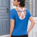 Totatuit Womens Open Back Workout Tops Cap Short Sleeve Cotton Cropped Tee Loose Yoga Athletic Shirts Gym Crop T-Shirts (Large, Blue)