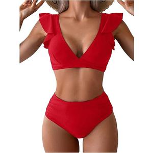 Women's 2 Piece Bikini Set Plunge Neck Ruffle Bikini Swimsuit Ruched High Waisted Bathing Suit, Size: Small