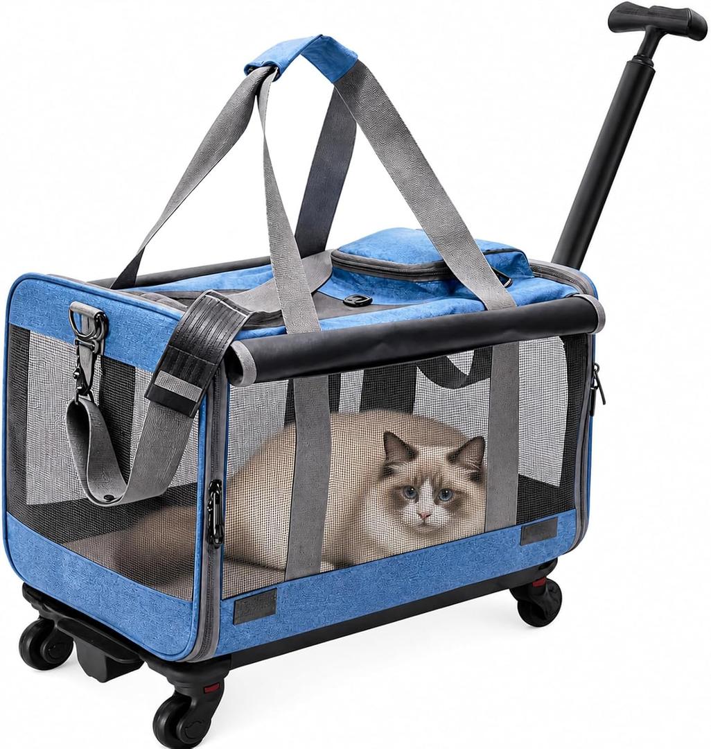 Rolling Cat Carrier with Detachable Wheels, Soft Sided, Blue