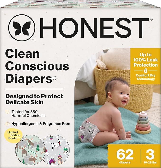 The Honest Company Clean Conscious Diapers for Delicate Skin | Up to 100% Leakproof | Hypoallergenic, Fragrance Free | Winter '25 Limited Edition Prints | Club Box, Size 3 (1628 lbs), 62 Count