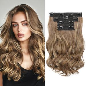 HOOJIH Clip in Hair Extensions 4PCS 14" Short Curly Clip on Hair Extensions Invisible Lace Weft Natural Soft Hairpieces for Women - Light Brown with Blonde Highlights