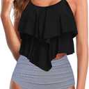 Womens Tankini Swimsuits Ruffled Tank Top Tummy Control Floral Modest Swimwear High Waisted Bikini (Large, Black)