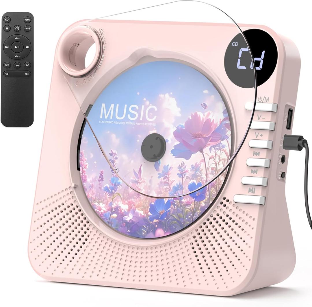 CD Player Bluetooth for Home,Desktop CD Player with Built-in HiFi Speakers,Remote Control,USB,LED Display,Timer,Repeat,EQ Sound,AUX/3.5mm Earphone Jack,Kids,Gift-Pink