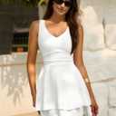 IWD Women's Sexy V Neck Sleeveless Corset Mini Dress Tiered Ruffle Hem A Line Short Party Club Dresses (White), L