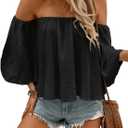 SweatyRocks Women's Sexy Cute Off Shoulder Ruffle Hem Flowy Chiffon Blouses Top (Black, XL)