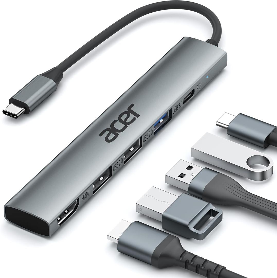 Acer 5 in 1 USB C Hub with 4K HDMI, 100W Power Delivery, 3 USB A Data Ports, USB C to HDMI Multiport Adapter for Laptop, PC, Tablet, MacBook Neo/Pro/Air, iPad Pro/Air, iMac, iPhone 17/16/15