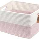 COMFY-HOMI Cotton Rope Woven Basket with Handles for Shelves,Toys,Book, Cloth Storage Baskets for Organizing-17" x 13" x 7.5" Toy Decorative Organizer for Living Room, Bathroom （white/pink）