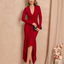 GLNEGE Long Sleeve Fall Wedding Guest Formal Dresses V Neck Ruffles Ruched Cocktail Bodycon Midi Dress for Women Wine (Red, S)