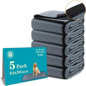 Bunlitent Washable Pee Pads for Dogs 5 Pack, 34x36 Reusable Puppy Pads with Quick Dry, Anti-Slip, Ideal for House Training, Crate & Whelping, Dog Carpet (Gray)