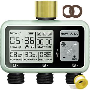 Watering Timer 3 Zone with Brass Inlet, Sprinkler Timer, Programmable Garden Outdoor Hose Faucet Timers with Rain Delay, Auto & Manual Watering System,Water Hose Irrigation Timers 3 Outlet for Garden