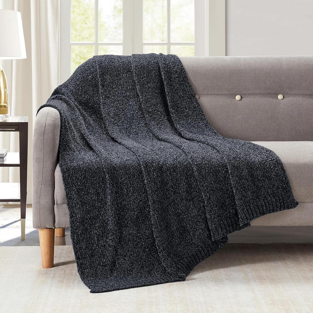 BOURINA Chenille Throw Blanket for Couch Sofa Chair Bed Home Decoration, Soft Warm Cozy Blanket for All Season50" x 60", Grey