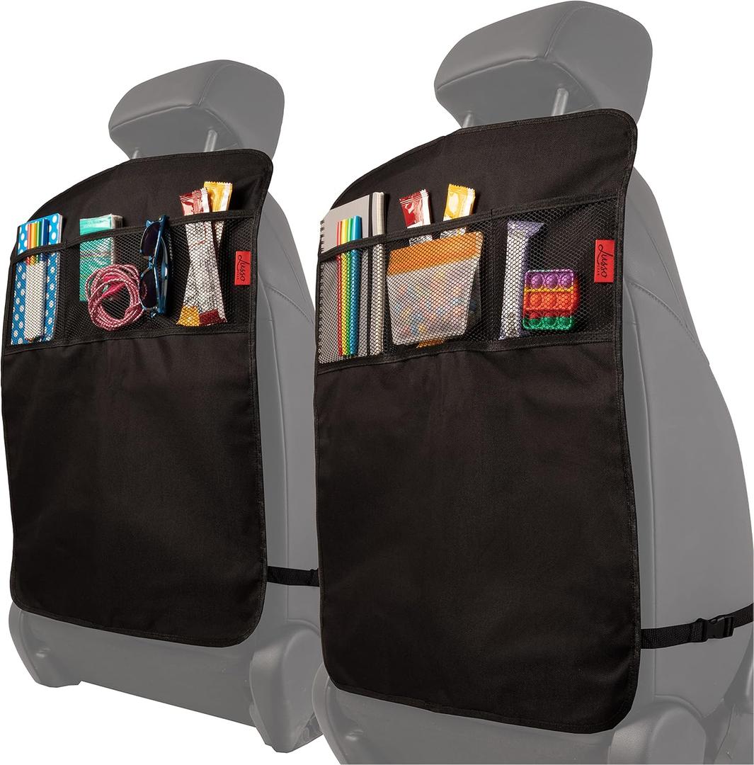 Lusso Gear Seat Back Protector for Kids - 2 Pack, Black, 3 Mesh Pockets - Back Seat Cover & Organizer with Waterproof, Machine Washable Oxford Material