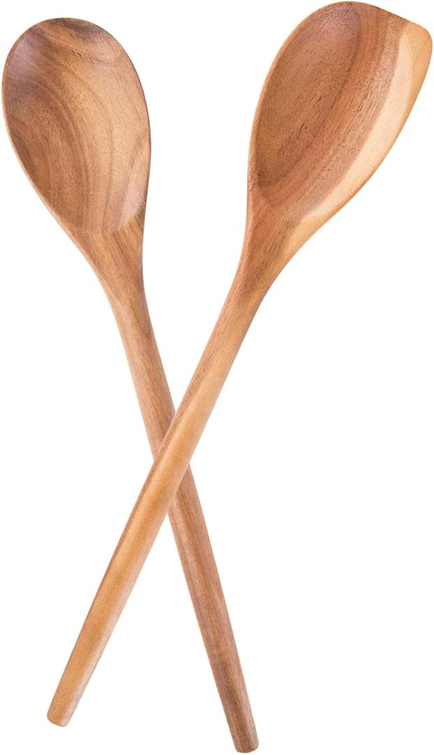 2PCS Acacia Wooden Spoons For Cooking-14 Inch Smooth Finish Cooking Spoons-Comfortable Grip Wood Spoons for Cooking - Non-Stick Cooking Utensils (Spoon + Corner spoon)