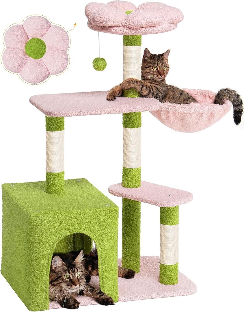 Flower Cat Tree for Indoor Cats, 2-Door Large Cat Condo Cave Bed for Big Adult Cats, 41.2'' Cute Cat Tower with Scratching Posts, Cozy Floral Perch and Hammock for Kittens, Green Pink