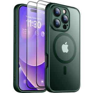 SPIDERCASE Magnetic for iPhone 16 Pro Max Case, Translucent Matte with 2PCS Tempered Glass Screen Protector [Upgraded Full Camera Protection] Anti-Scratch Slim Phone Case Slim Phone Case,Green