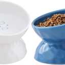 AOMRYOM Raised Cat Food Bowl, Ceramic Elevated Tilted Cat Bowls, Pet Bowl Dish Set for Cats and Small Dogs, Protect Cat's Spine, White & Blue, Set of 2, Dishwasher and Microwave Safe