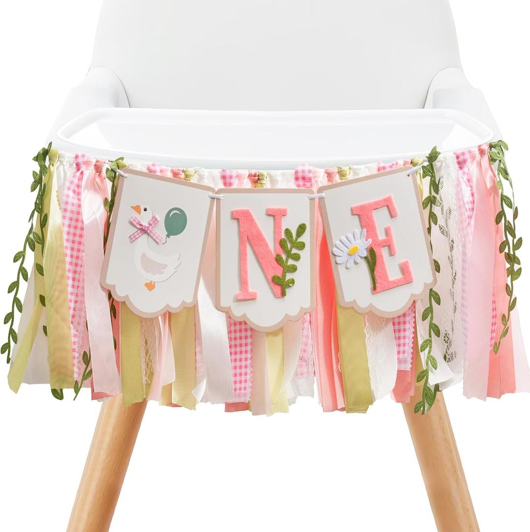 Pre - stung Silly Goose High Chair Banner for Girls1st Birthday - Pink & Gold Baby Girl Cake Smash Cake Smash Props, Premium First Birthday ONE Banner Party Decoration