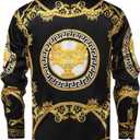 Mens Luxury Brand Print Silk Satin Design Button Down Dress Shirt (Black, M)