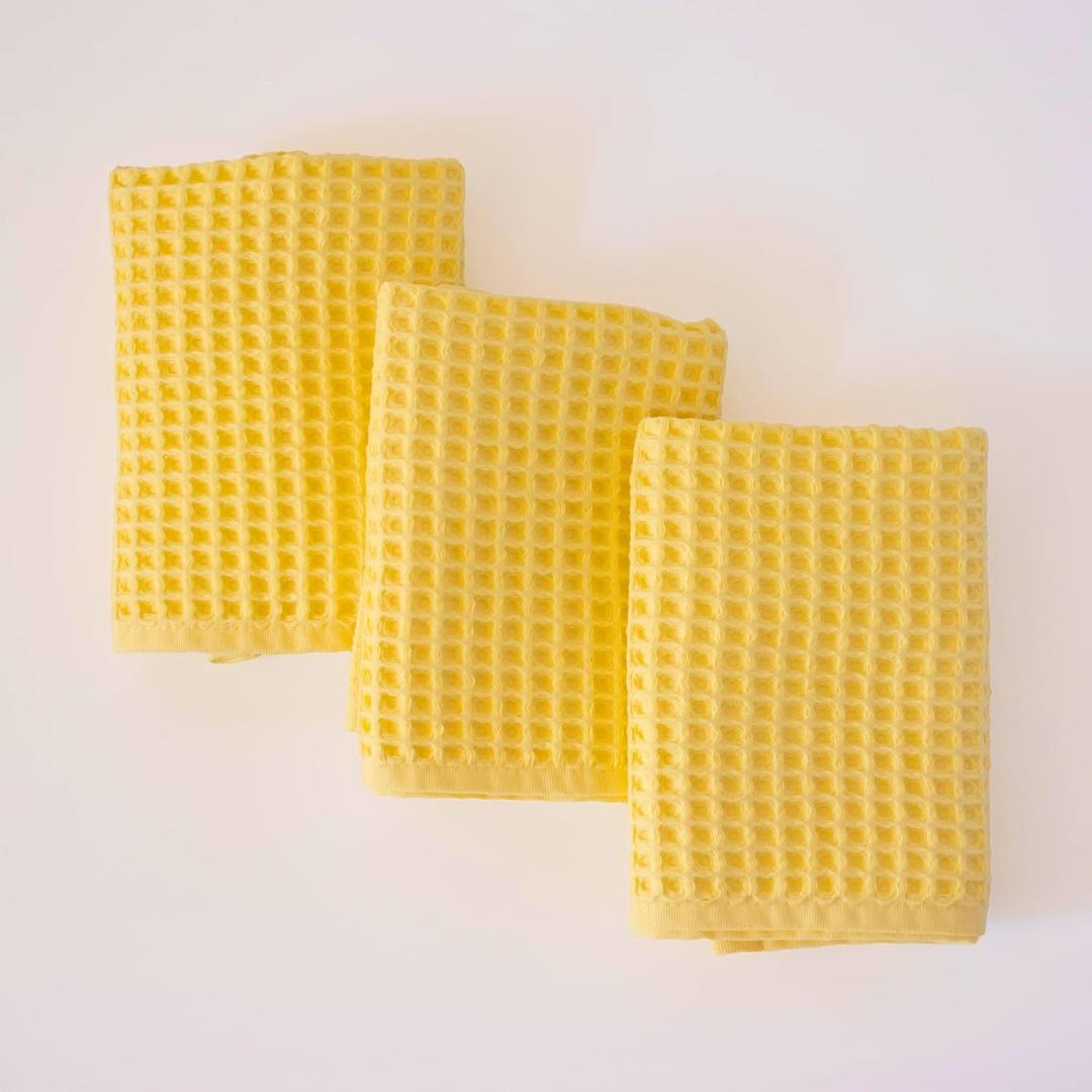 PSKL Organic Waffle Kitchen Towel 100% Turkish Cotton Set of 3 Yellow - Premium Quality, Soft, Quick-Dry, Absorbent, Lint-Free Hand Towels 32X16 Inches (3, Light Yellow)