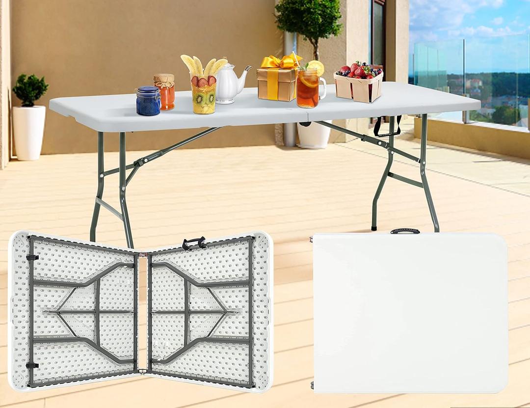 Folding Tables, 6 Foot Folding Table with Handle and Steel Legs, Indoor Outdoor Fold-in-Half Portable Table for Camping, Dining, Party, Picnic, Plastic Table White Folding Table Banquet Tables