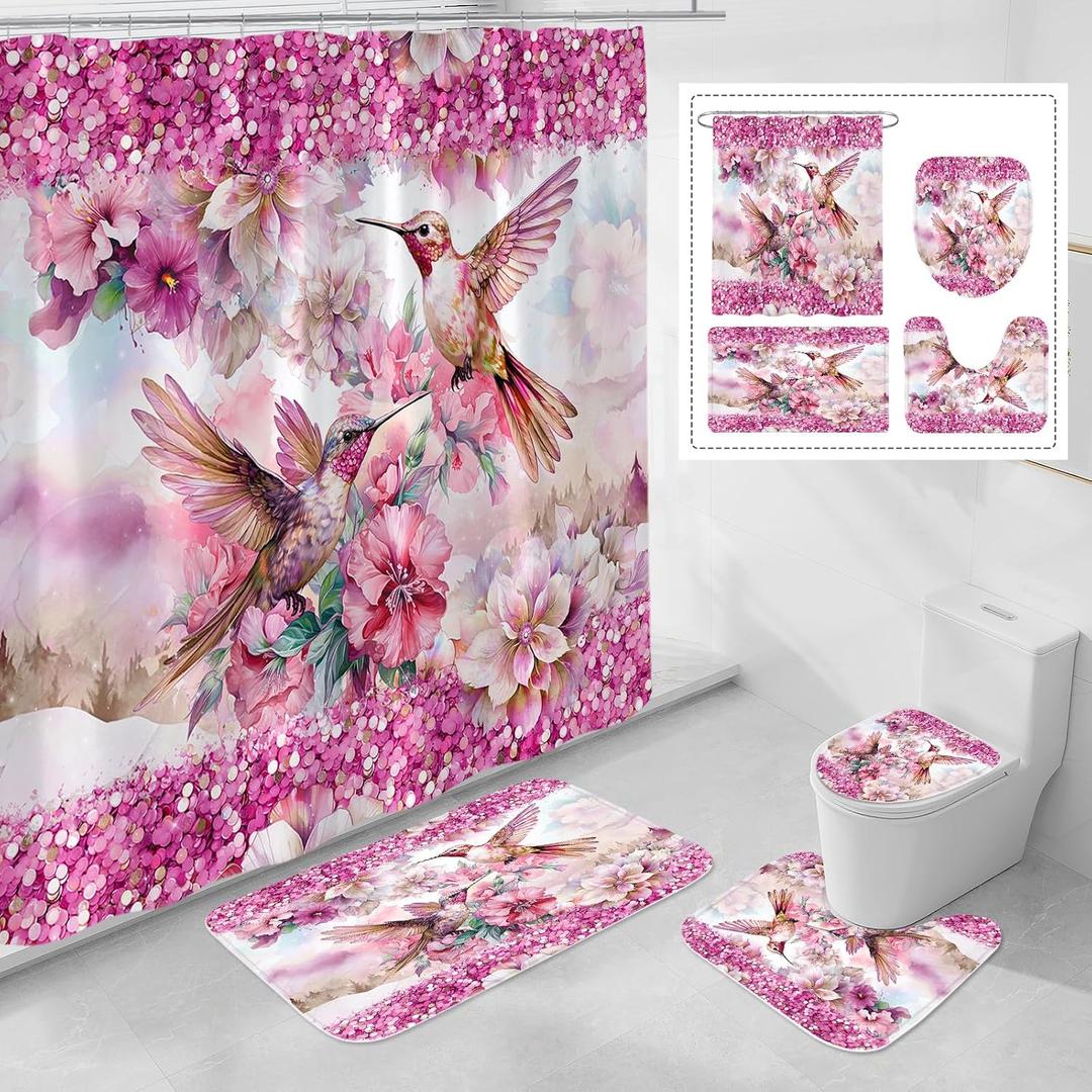 Litabel 4 Pcs Pink Hummingbird Flower Shower Curtain Set with Rugs for Bathroom Decor, Rustic Floral Bathroom Sets with Shower Curtain and Rugs, Bathroom Curtain Set with Mats (Hooks Not Included)