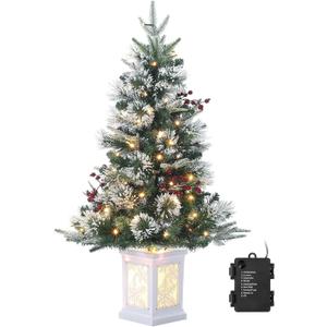 3 ft Christmas Tree, Snowflake Base, Fiber Optic Light-Style Artificial Christmas Tree, 78 Led Lights, 8-Mode Battery Box, Red Berry Decorations, Holiday Ready, Easy Installation
