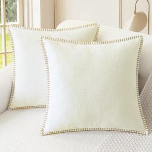 CaliTime Throw Pillow Covers Decorative 20 X 20 Inches Pack of 2 Cotton Thread Stitching Edges Solid Dyed Soft Chenille Cushion Cases for Couch Sofa Bed Living Room Farmhouse Cream