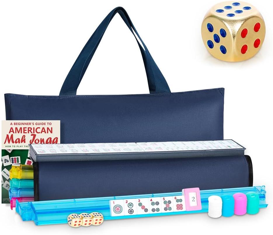 American Mahjong Tile Set, Mah Jong Set Complete with Bag, 166 White Tiles with Golden Dices for Travel, 4 All-in-One Mahjong Racks with Pushers (Blue)