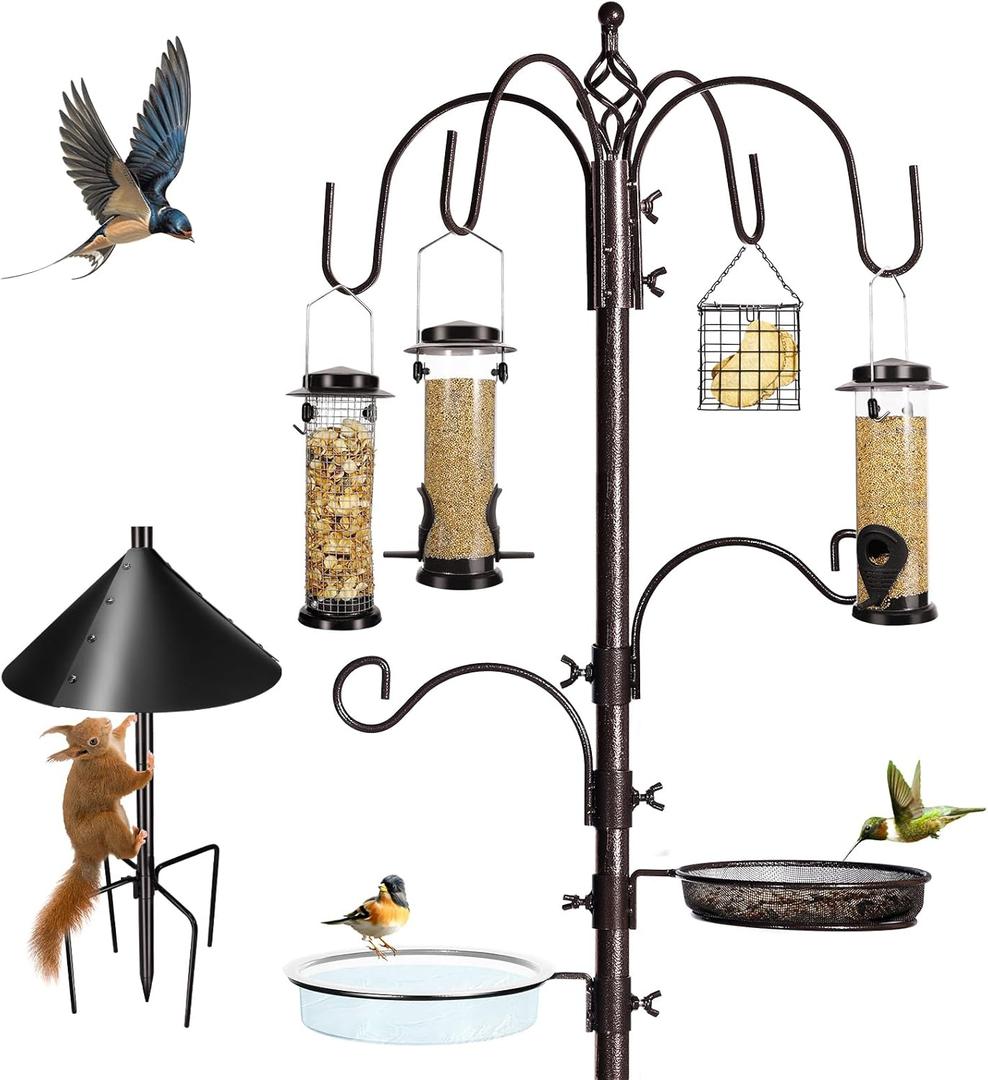 6-Hook Bird Feeding Station Kit Wild Bird Feeder Stand Pole, Multi-Feeder Hanging Kit Stand with Water Bowl, Mesh Tray and Squirrel Guard Baffle, 94 Inch