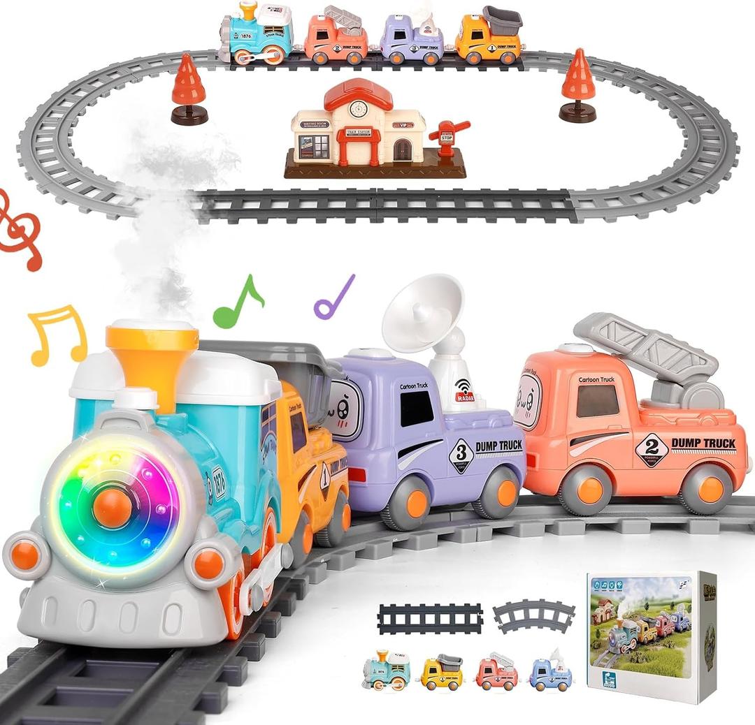 Train Set for Toddlers w/Smokes,Music & Lights - Electric Magnetic Choo Choo Steam Train Set with Tracks Truck Playset for Toddlers 1 3 5 6 Year Old Boys Girls Christmas Birthday Gift