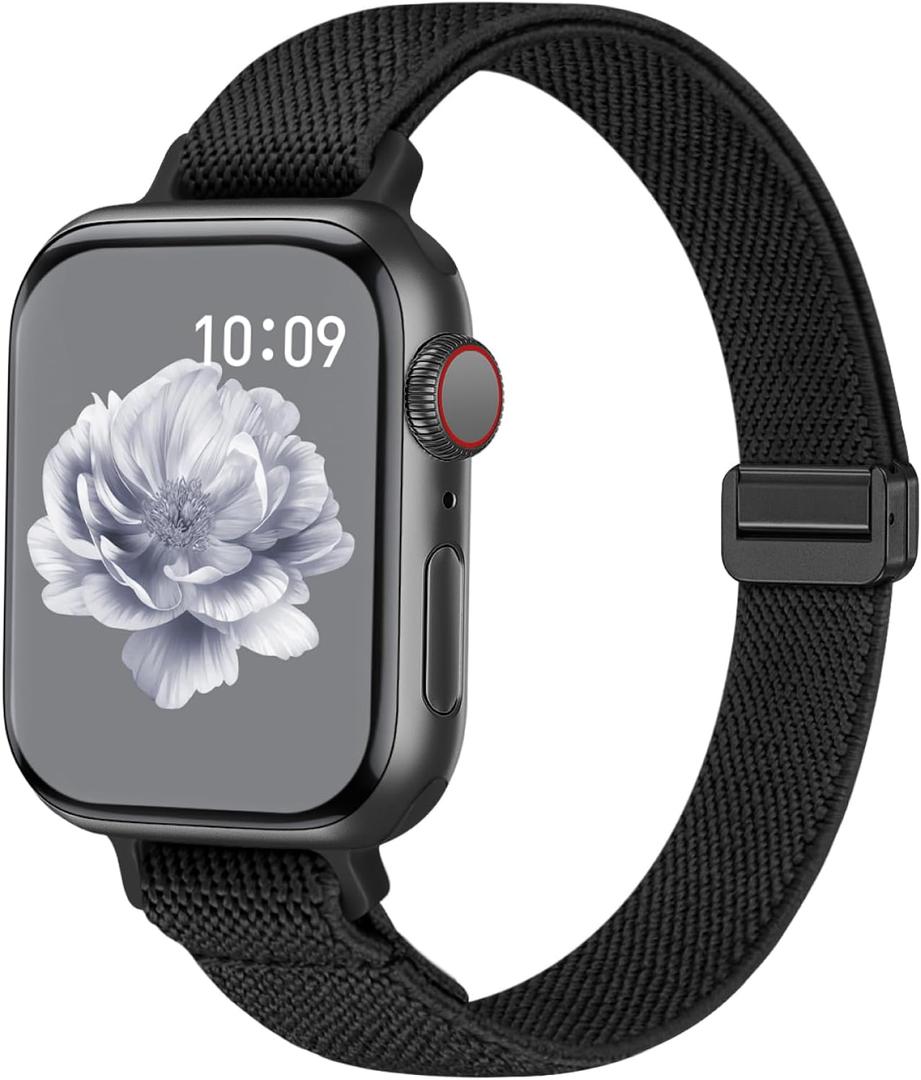 Slim Stretchy Band Compatible with Apple Watch Bands 40mm 41mm 42mm 38mm 44mm 45mm 46mm 49mm Women Men, Thin Magnetic Nylon Elastic Sport Strap for iWatch Series 11 10 9 8 7 6 5 4 3 SE/Ultra 2