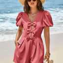 Cicy Bell Womens Cute Rompers Bow Front Puff Sleeve V Neck Short Jumpsuits Sexy Summer Outfits with Pockets (Pink, M)