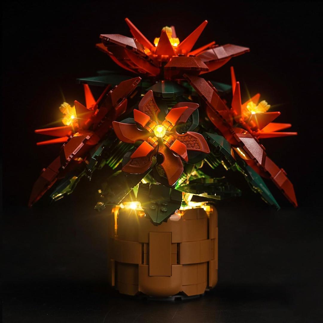 LED Light Compatible with Lego Poinsettia Icons Christmas Holiday Centerpiece Decoration 10370, Lighting Accessories Compatible with Lego 10370 Table Plants Flowers Botanical, No Models