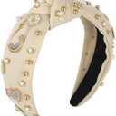 XLSXEXCL Boho Rainbow Daisy Headband - Pearl Knotted Twist Headpiece for Women & Girls, Beige, Sparkly Crystal Rhinestone