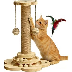 Wooden Cat Scratching Post, 4 in 1 Cat Scratcher Kitten Toys for Indoor Cats, 17.7" Tall Sisal Post with Two-Laye Wooden Ball Track, Ideal for Small Medium Cat