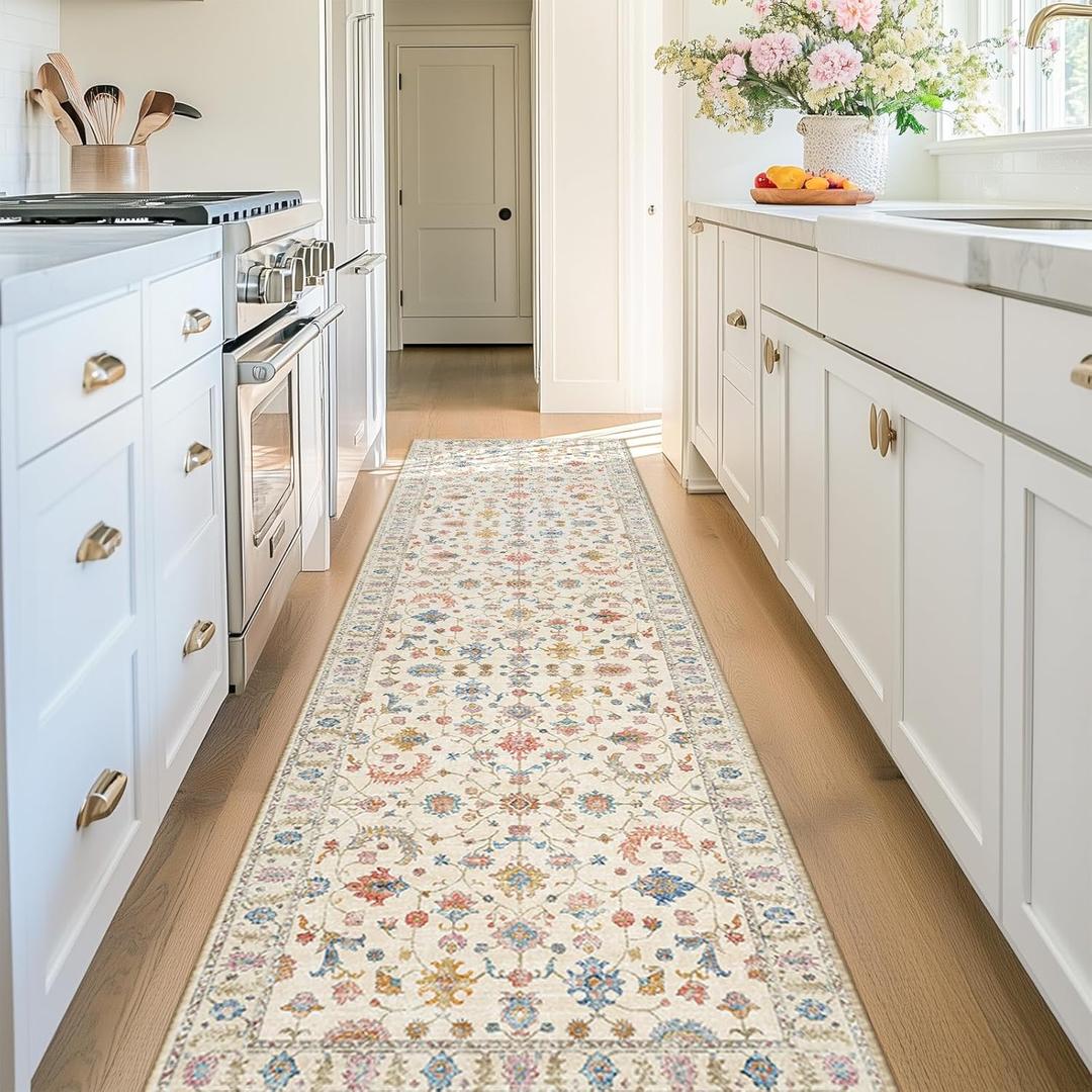 2x8 Area Rug Print Washable for Living Room Low Pile Non Slip Soft Thin Carpet Boho Vintage Floral Rug Stain Resistant for Bedroom Dining Room Kitchen Playroom Creamwhite (Cream/White/Multi)