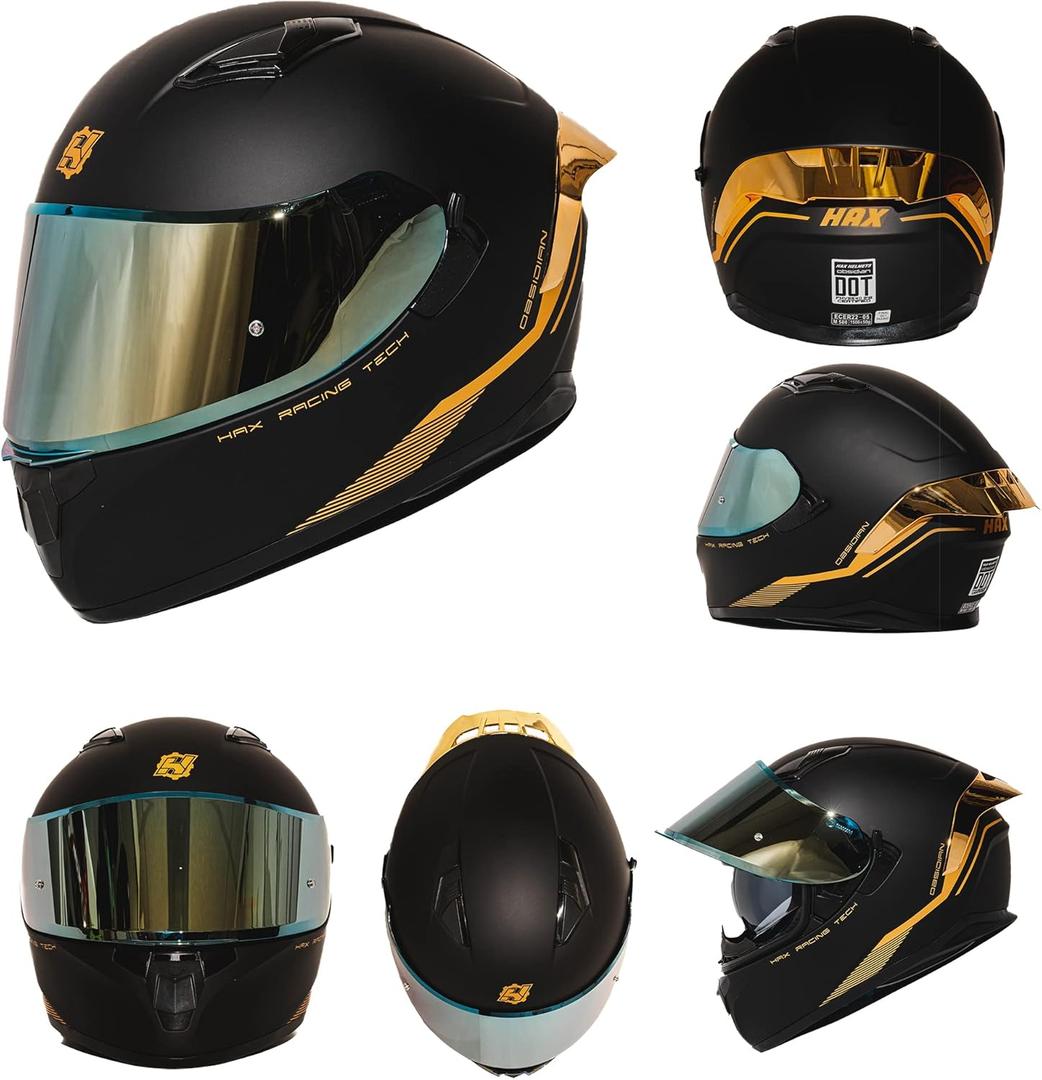 HAX Obsidian Full Face Dual Visor Adult Motorcycle Helmet for Motorbike Street Bike with Pinlock Ready DOT Approved Matte Black Gold XL