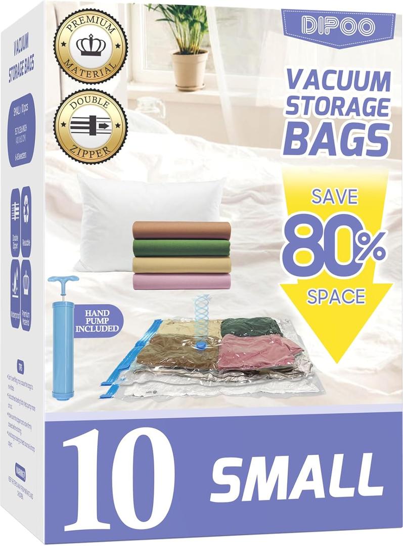10 Pack Small Vacuum Storage Bags with Hand Pump, 80% Storage Space Saving, Sturdy Leak-Free Space Saver Vacuum Seal Bags for Clothing, Vacuum Compression Bags for Travel Lugggage